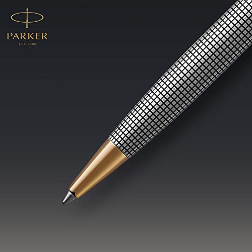 PARKER Sonnet Ballpoint Pen, Chiselled Silver with Gold Trim, Medium Point Black Ink (1931492)