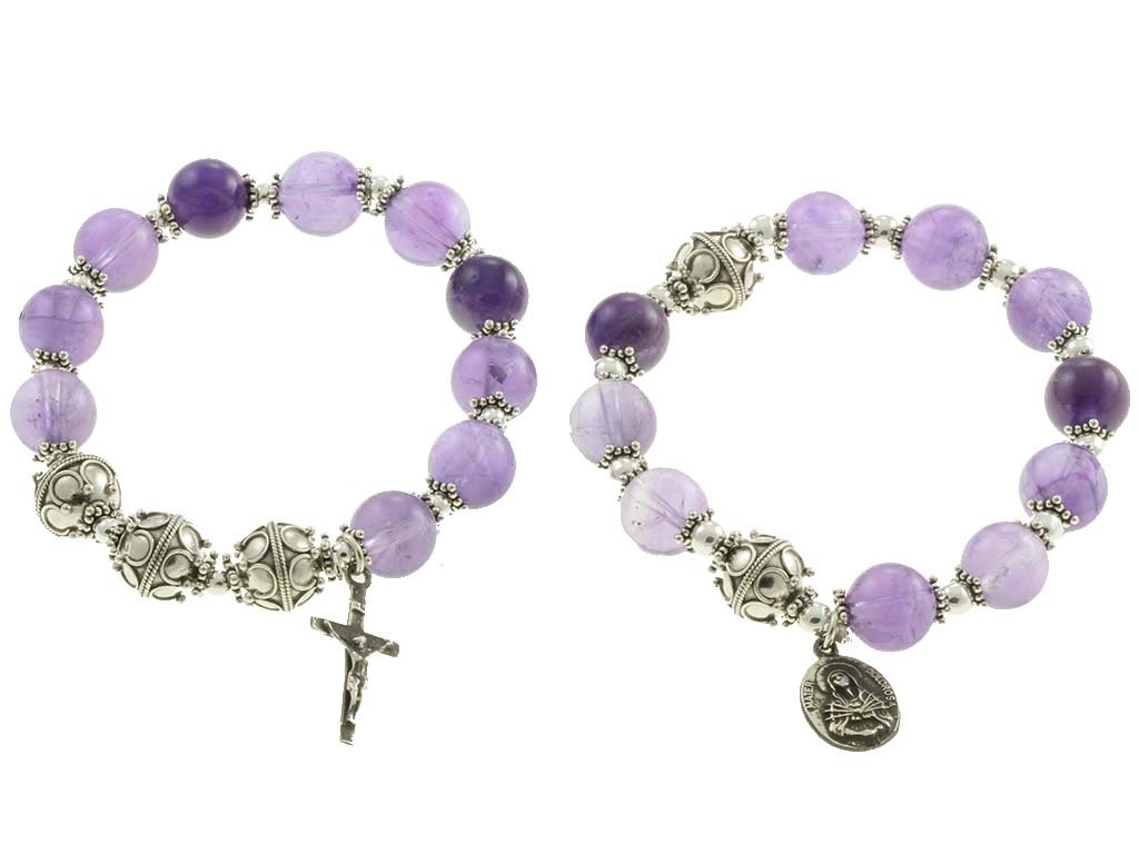 Sterling Silver 7 Sorrows Rosary, Amethyst 10mm, 7 Sorrows Rosary and Trinity Double Elastic Bracelet