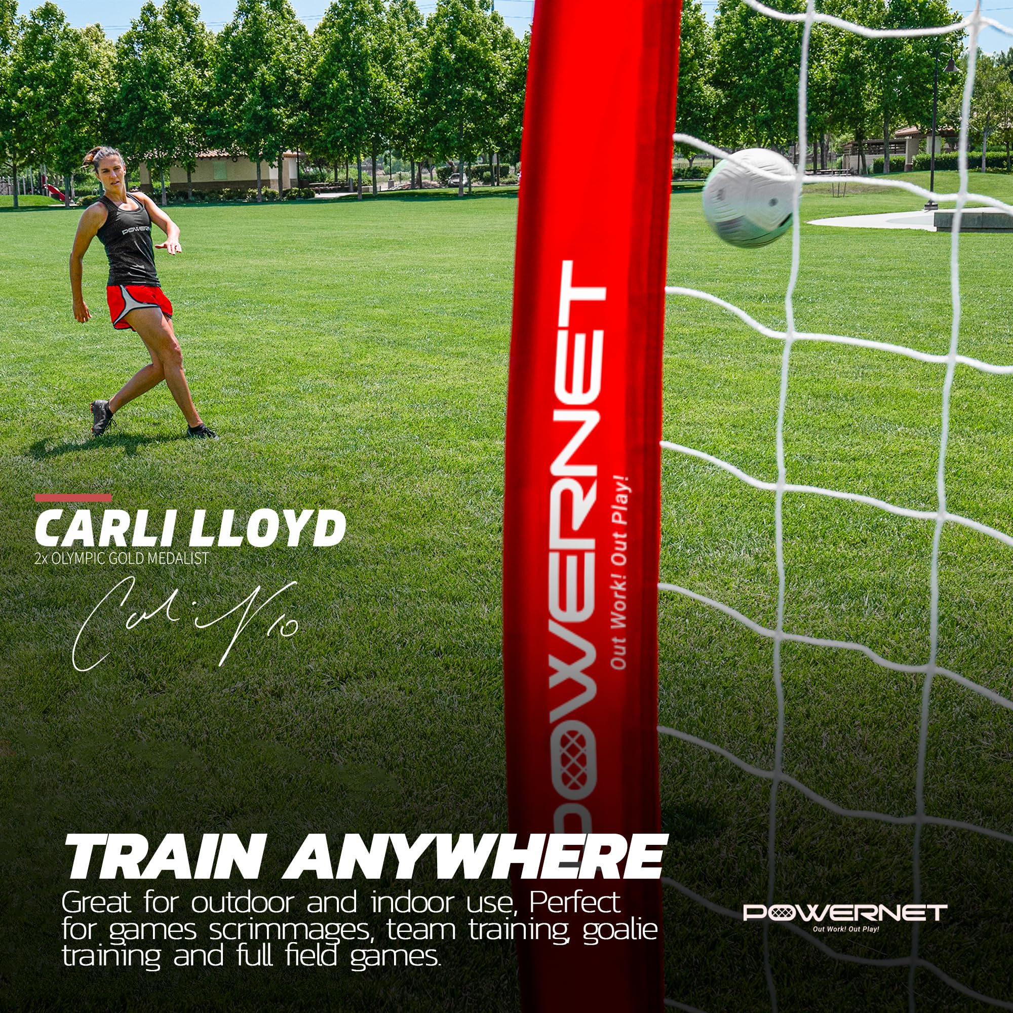 PowerNet Carli Lloyd Soccer Goal 24 x 8 | Regulation Goal Size | Portable Instant Net | Collapsible Metal Base | Quick Setup Easy Storage | 1 Goal+1 Wheeled Carrying Bag | Full Size