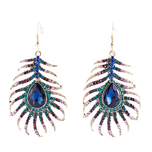 Frogwill Womens Crystal Hook Earrings Sparkling Rhinestone Peacock Feather Dangle Earrings (Blue)