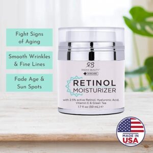 Radha Beauty Moisturizing Miracle Retinol Cream for Face - with 2.5% Retinol, Hyaluronic Acid, Vitamin E and Green Tea. Luxury Night and Day Anti-Aging Wrinkle Cream 1.7 fl oz.