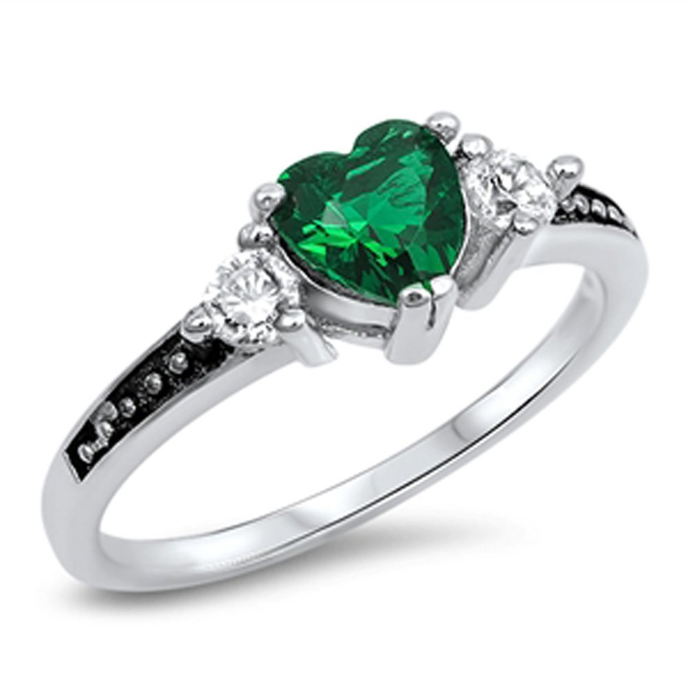 Women's Heart Simulated Emerald Polished Ring New .925 Sterling Silver Band Size 8