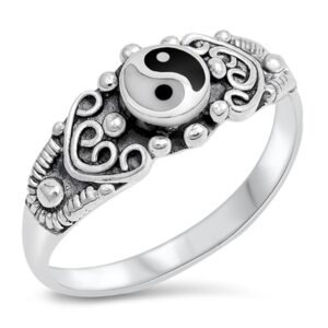 Yin Yang Simulated Mother of Pearl Simulated Black Onyx Ring New 925 Sterling Silver Band Size 9