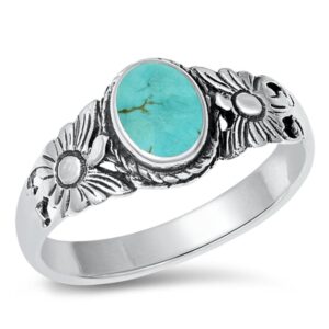 Flower Simulated Turquoise Fashion Bali Ring New .925 Sterling Silver Band Size 8