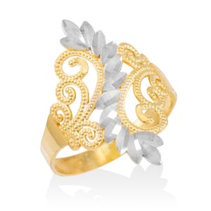 modern contemporary rings high polish 10k two-tone gold filigree leaf coktail ring (size 10)