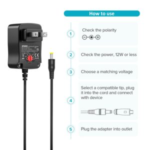 ZOZO Universal AC/DC Adapter 12W Switching Power Cord 3V 4.5V 5V 6V 7.5V 9V 12V Charger Adapter with 9 Tips for Household Electronics Routers Speakers CCTV Cameras Smart Phone USB