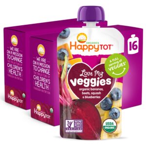 happy tot organics stage 4 baby food pouches, gluten free, vegan snack, love my veggies, fruit & veggie puree, banana, beet, squash & blueberry, 4.22 ounce (pack of 16)