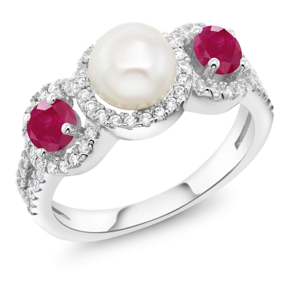 Gem Stone King 925 Sterling Silver Round Cultured Freshwater Pearl and Red Ruby Women Ring (1.40 Cttw, Gemstone Birthstone, Available In Size 5, 6, 7, 8, 9)