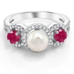 Gem Stone King 925 Sterling Silver Round Cultured Freshwater Pearl and Red Ruby Women Ring (1.40 Cttw, Gemstone Birthstone, Available In Size 5, 6, 7, 8, 9)