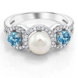 Gem Stone King 925 Sterling Silver Cultured Freshwater Pearl and Swiss Blue Topaz Ring For Women (1.46 Cttw, Gemstone Birthstone, Available In Size 5, 6, 7, 8, 9)