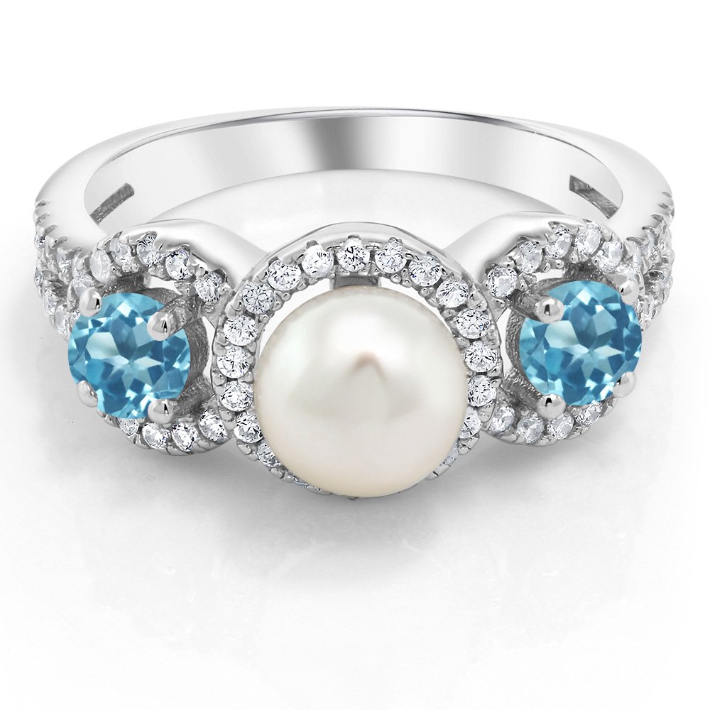 Gem Stone King 925 Sterling Silver Cultured Freshwater Pearl and Swiss Blue Topaz Ring For Women (1.46 Cttw, Gemstone Birthstone, Available In Size 5, 6, 7, 8, 9)