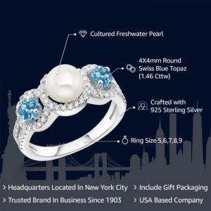 Gem Stone King 925 Sterling Silver Cultured Freshwater Pearl and Swiss Blue Topaz Ring For Women (1.46 Cttw, Gemstone Birthstone, Available In Size 5, 6, 7, 8, 9)