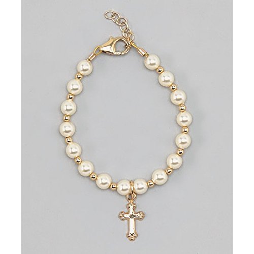 Christening 14KT Gold-Filled Beads with Cream European Simulated Pearls and Cross Charm Luxury Unisex Baby Bracelet (BGC_S)