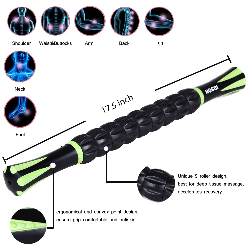 Idson Muscle Roller Stick for Athletes- Body Massage Sticks Tools Massager for Relief Muscle Soreness,Cramping and Tightness,Help Legs and Back Recovery,Black Green