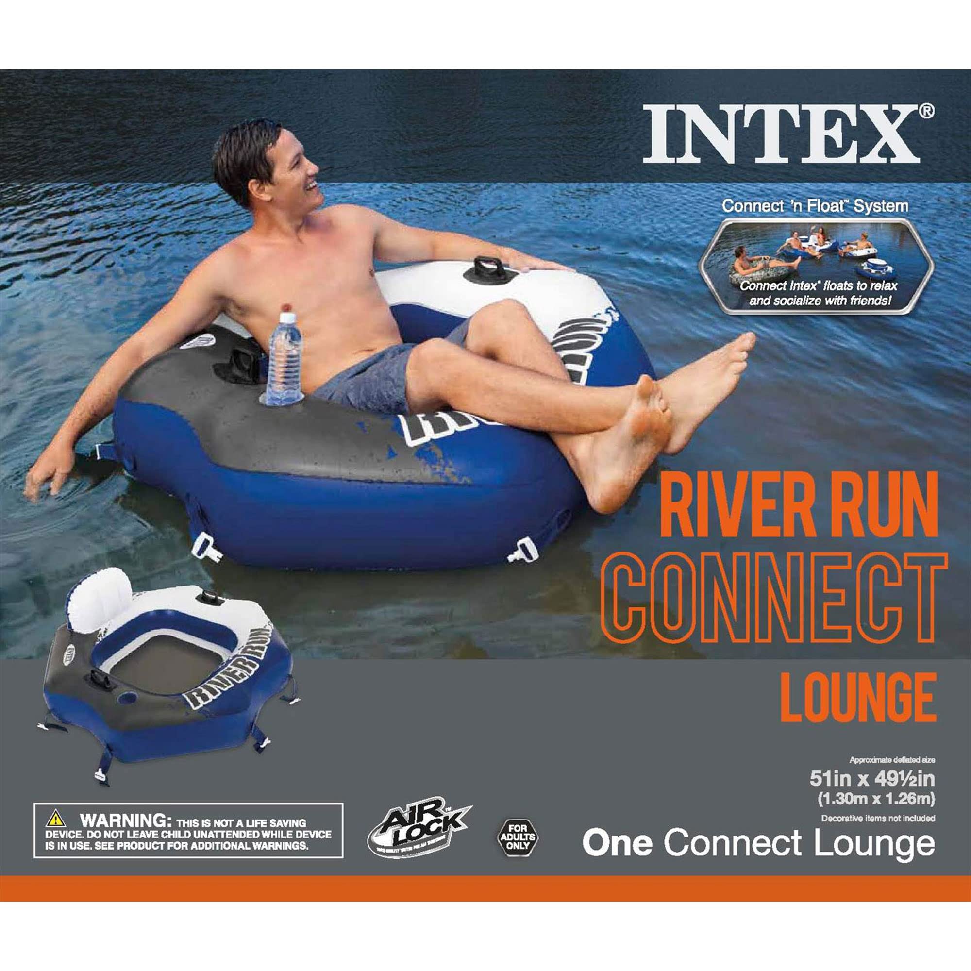 Intex 58854EP River Run Single Person Inflatable Connecting Lounge Tube Chair w/Mesh Bottom, Backrest, & Built in Cupholders, Blue (2 Pack)