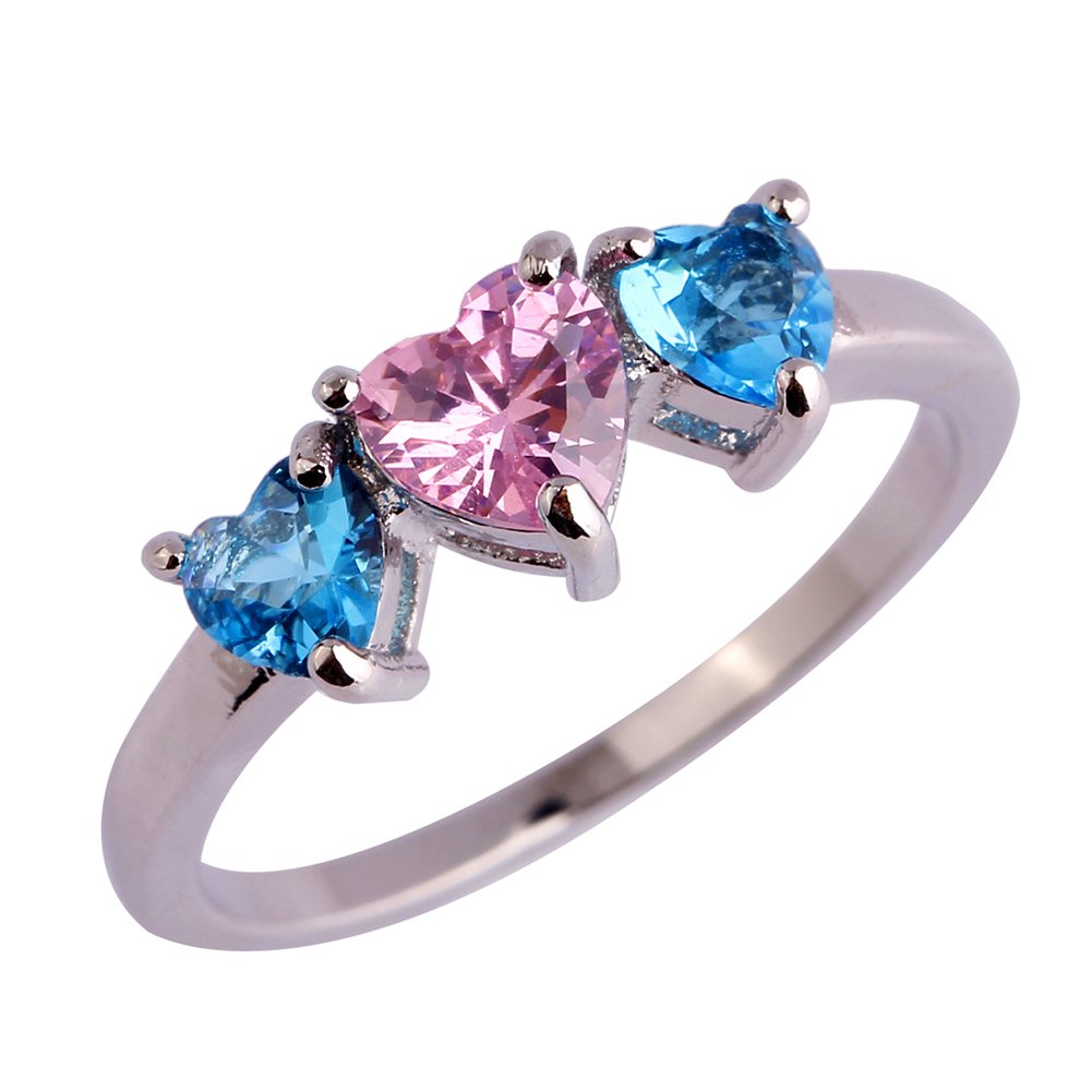 Psiroy 925 Sterling Silver Plated Created Blue Topaz Filled Heart 3 Stone Promise Ring Size 8