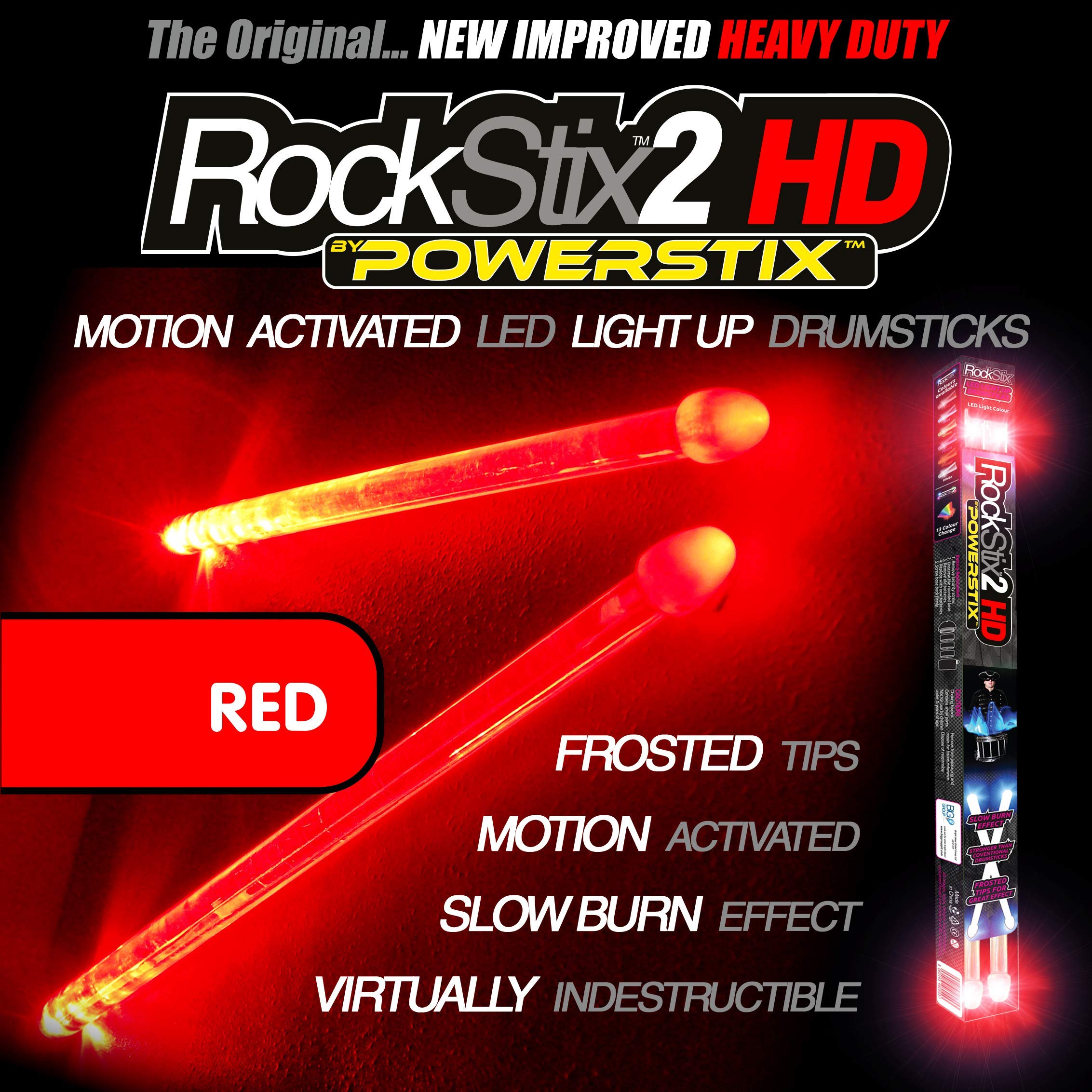 ROCKSTIX 2 HD RED, BRIGHT LED LIGHT UP DRUMSTICKS, with fade effect, Set your gig on fire! (RED ROCKSTIX)