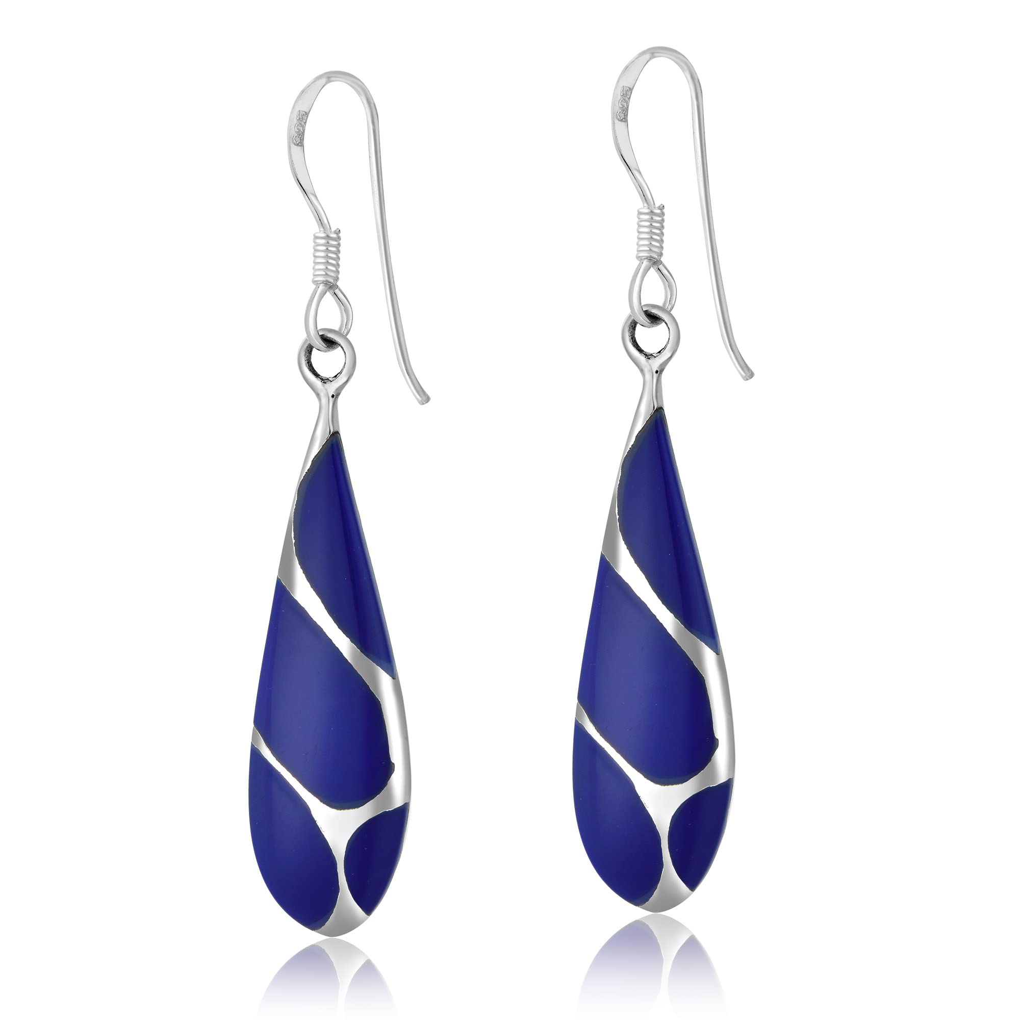 AeraVida Vintage Lapis Streak Teardrop Birthstone Sterling Silver Earrings, 9x45 mm