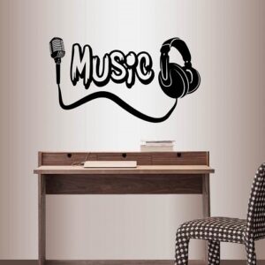 Wall Vinyl Decal Home Decor Art Sticker Music Word Microphone Headphones Bedroom Audio Studio Room Removable Stylish Mural Unique Design 1502