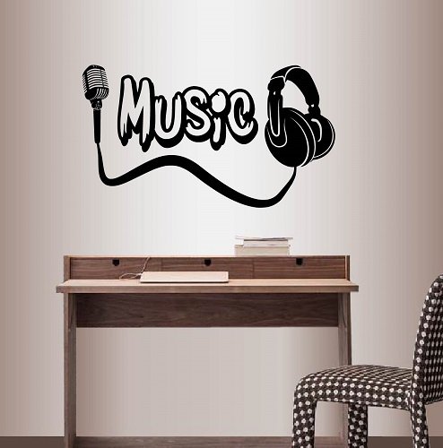 Wall Vinyl Decal Home Decor Art Sticker Music Word Microphone Headphones Bedroom Audio Studio Room Removable Stylish Mural Unique Design 1502