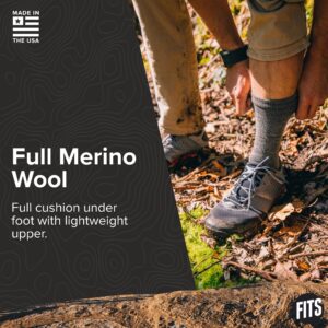 FITS Light Hiker Crew Sock for Men and Women, Made with Merino Wool, Breathable, Odor Resistant, Smart Cushioned Hiking Sock, Navy, Medium