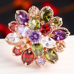 18k Gold Plated Flower Leaves Multi-color Zirconia Crystal Az0271r Ring (Sizes 6)