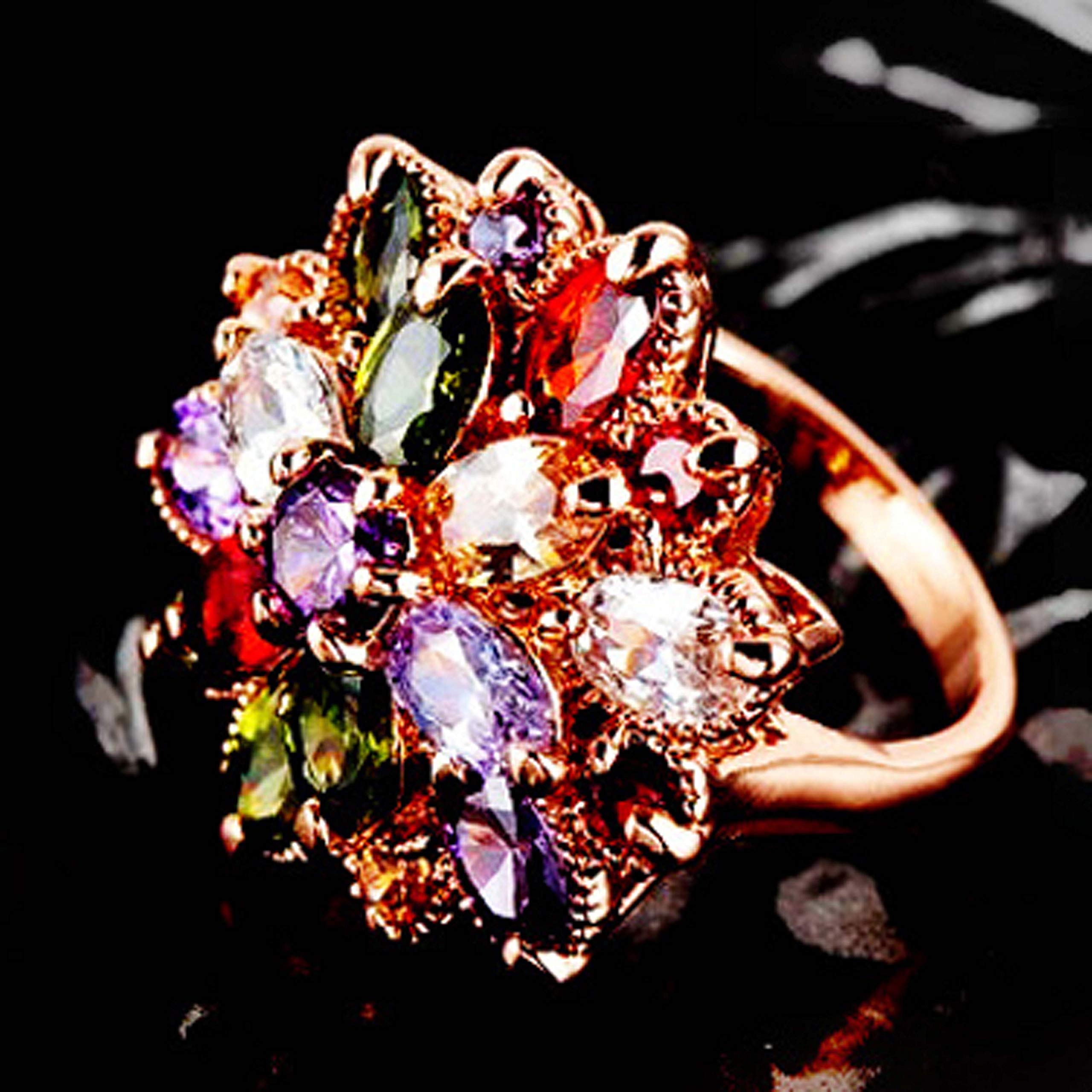 18k Gold Plated Flower Leaves Multi-color Zirconia Crystal Az0271r Ring (Sizes 6)