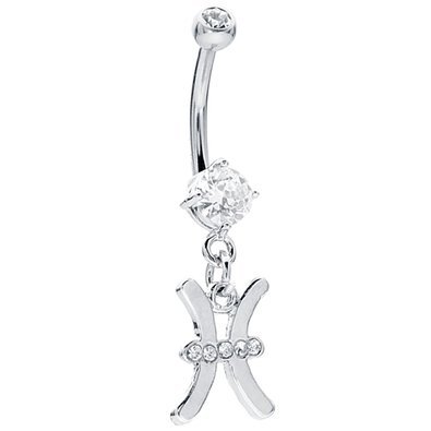 14GA Stainless Steel CZ Crystal Zodiac Sign Dangling Belly Button Ring (Pisces)