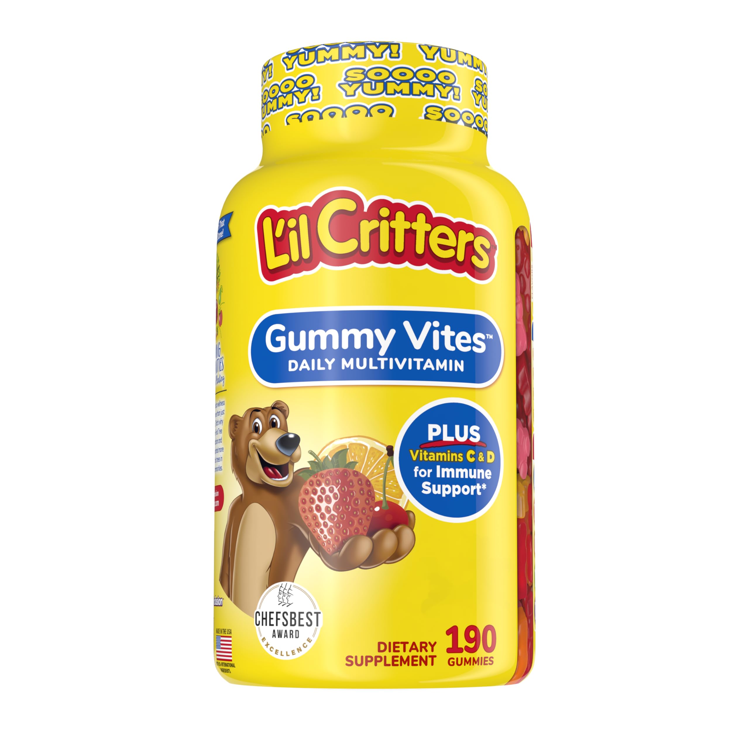 L’il Critters Gummy Vites Daily Gummy Multivitamin for Kids, Vitamin C, D3 for Immune Support Cherry, Strawberry, Orange, Pineapple and Blueberry Flavors, 190 Gummies