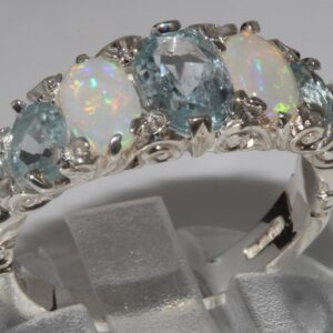 LetsBuyGold 925 Sterling Silver Real Genuine Aquamarine and Opal Womens Promise Ring - Size 9