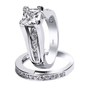 mabella 925 sterling silver cubic zirconia princess cut women's wedding engagement bridal ring set size 9