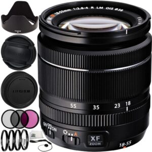 fujifilm xf 18-55mm f/2.8-4 r lm ois zoom lens (white box) 12pc accessory kit. includes manufacturer accessories + 3pc filter kit (uv-cpl-fld) + 4pc macro filter set (+1,+2,+4,+10) + cap keeper + more