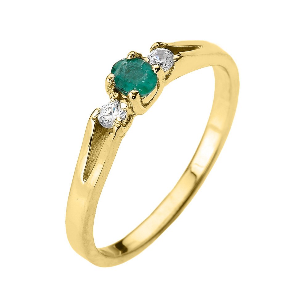 Solid 10k Yellow Gold Diamond with Emerald Proposal and Birthstone Ring (Size 6)