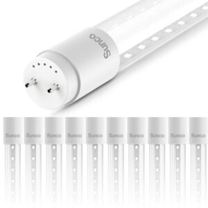 sunco 10 pack t8 led tubes 4ft fluorescent replacement, 48 inch, 18w, 2200lm, 5000k daylight, single ended power, type b, ballast bypass, clear lens ul