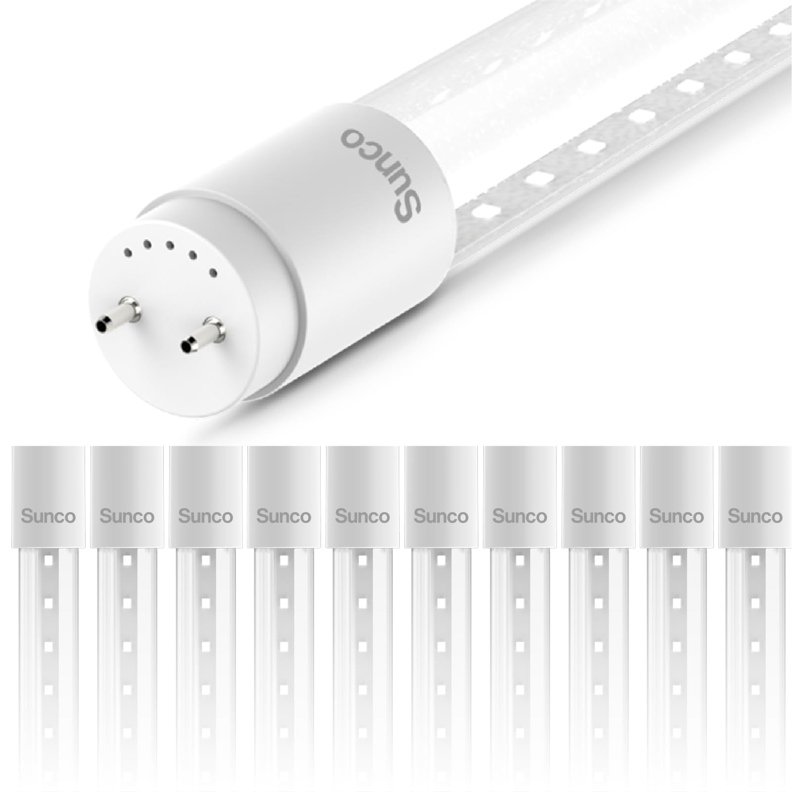 Sunco 10 Pack T8 LED Tubes 4FT Fluorescent Replacement, 48 Inch, 18W, 2200LM, 5000K Daylight, Single Ended Power, Type B, Ballast Bypass, Clear Lens UL