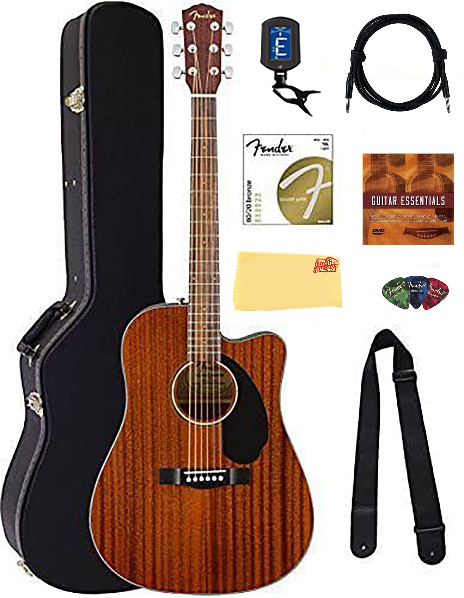 Fender CD-60SCE Solid Top Dreadnought Acoustic-Electric Guitar - All Mahogany Bundle with Hard Case, Tuner, Instrument Cable, Strap, Strings, Picks, Polishing Cloth and Austin Bazaar Instructional DVD