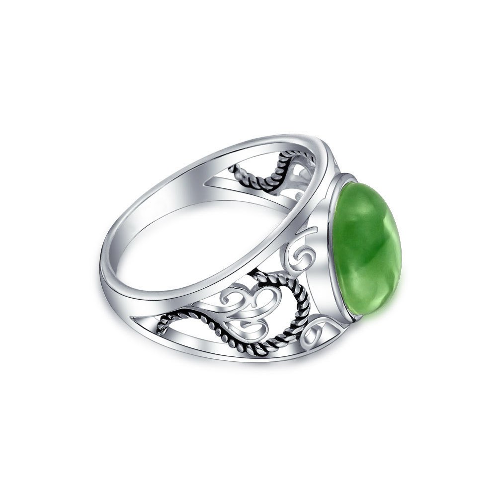 Bling Jewelry Boho Bali Oval Cabochon Dyed Green Jade Rope Scroll Filigree Statement Band Ring For Women .925 Sterling Silver August Birthstone