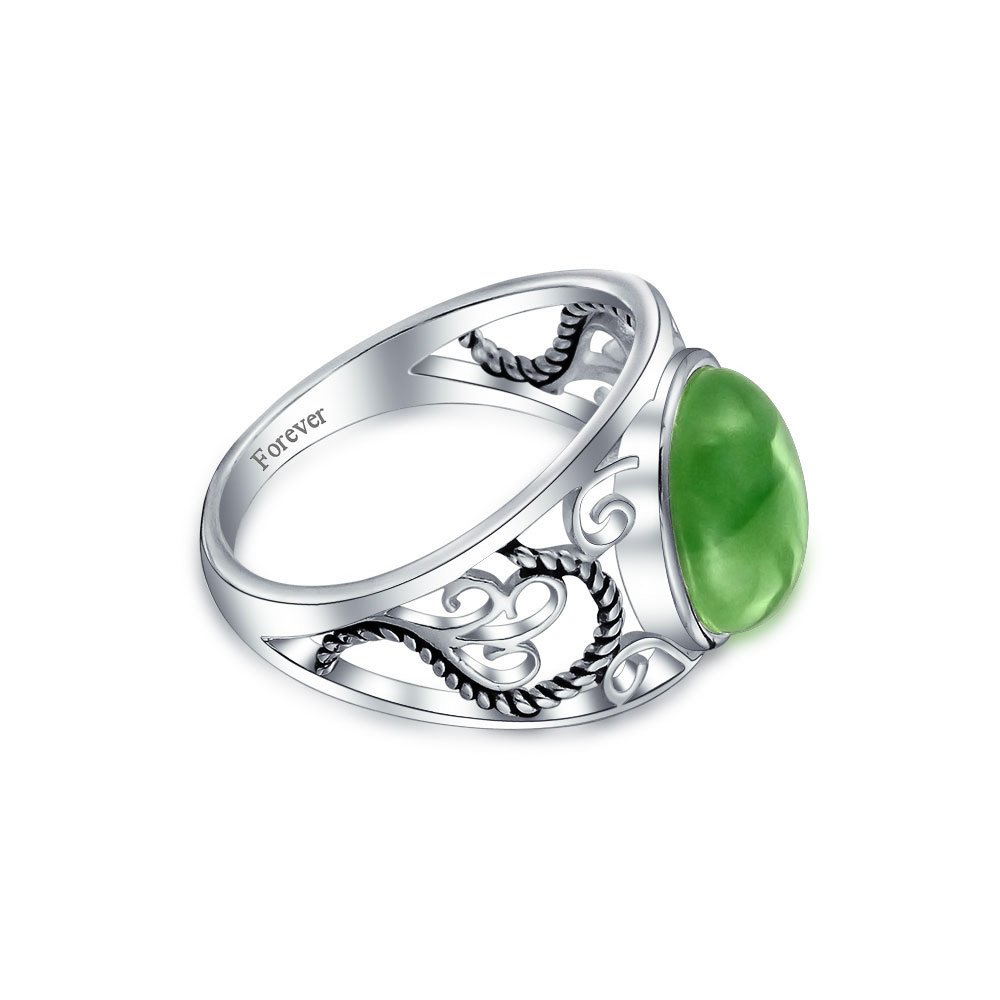 Bling Jewelry Boho Bali Oval Cabochon Dyed Green Jade Rope Scroll Filigree Statement Band Ring For Women .925 Sterling Silver August Birthstone