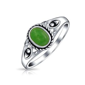 Bling Jewelry Petite Cabochon Boho Fashion Bali Style Oval Dyed Green Jade Bezel Filigree Band Ring For Women .925 Sterling Silver August Birthstone