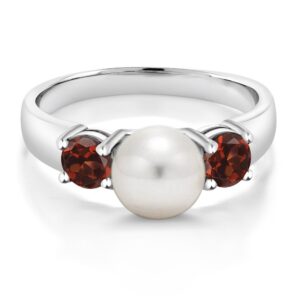 gem stone king 925 sterling silver freshwater pearl and red garnet ring for women (0.80 cttw, gemstone january birthstone, size 7)