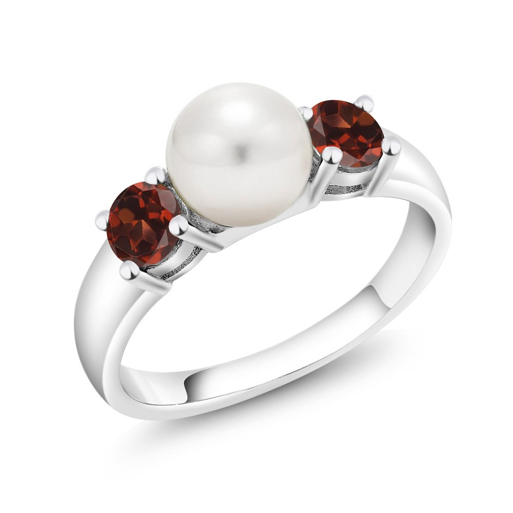 Gem Stone King 925 Sterling Silver Freshwater Pearl and Red Garnet Ring For Women (0.80 Cttw, Gemstone January Birthstone, Size 7)