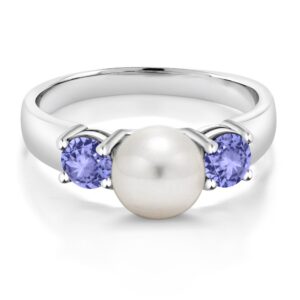 Gem Stone King 925 Sterling Silver Freshwater Pearl and Blue Tanzanite Ring For Women (0.76 Cttw, Gemstone December Birthstone, Size 7)