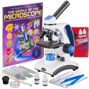 amscope - deluxe student microscope set - 40x-1000x dual light, glass lens, metal frame compound microscope + slides + specimen preparation kit + book - m162c-2l-wm-sp14