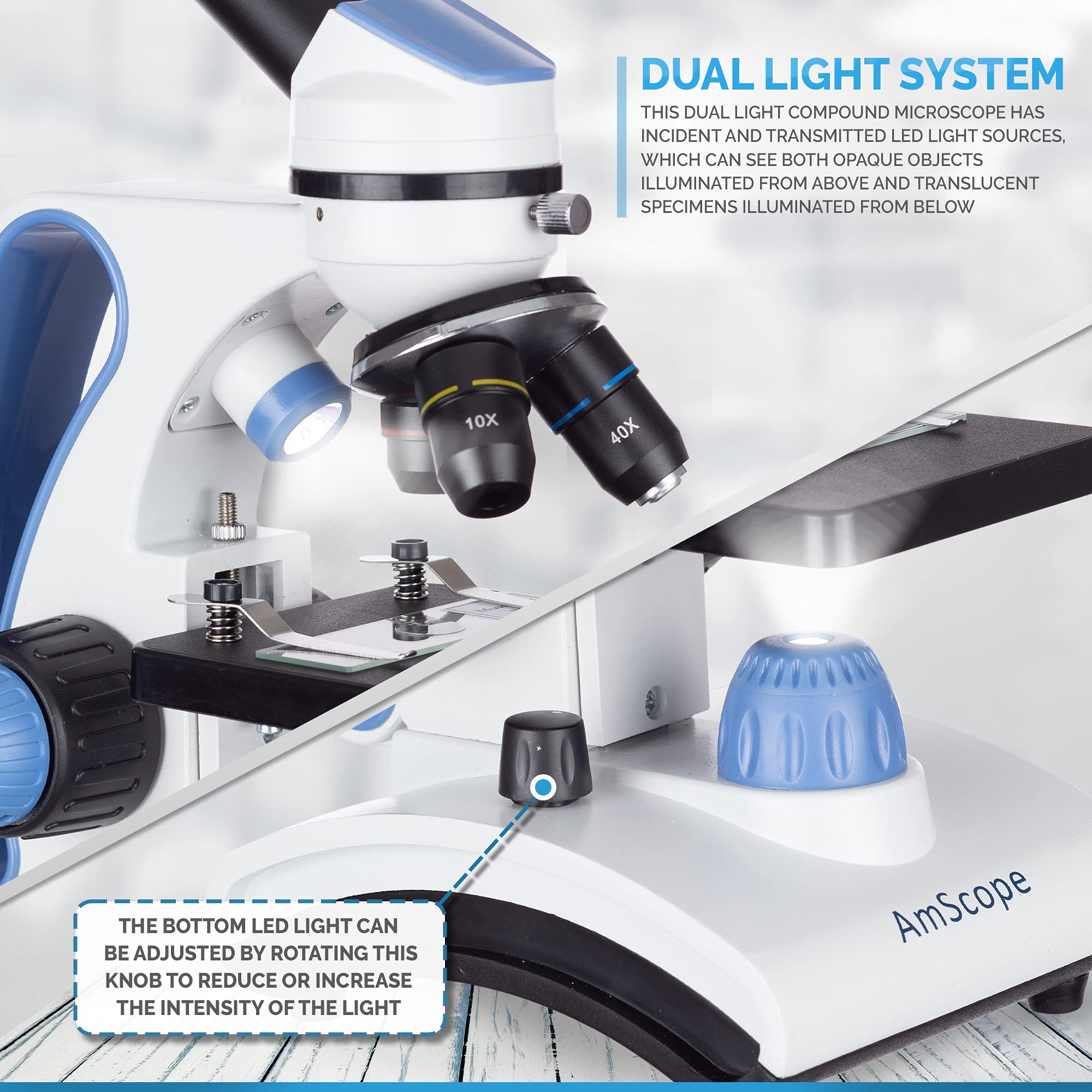 AmScope - Deluxe Student Microscope Set - 40X-1000X Dual Light, Glass Lens, Metal Frame Compound Microscope + Slides + Specimen Preparation Kit + Book - M162C-2L-WM-SP14