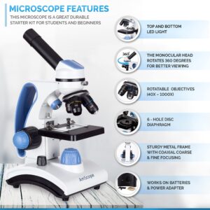 AmScope - Deluxe Student Microscope Set - 40X-1000X Dual Light, Glass Lens, Metal Frame Compound Microscope + Slides + Specimen Preparation Kit + Book - M162C-2L-WM-SP14