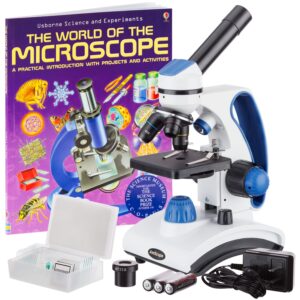 amscope m162c-2l-pb10-wm"awarded 2018 best students and kids microscope kit" - 40x-1000x dual light all metal microscope with slides and microscope book, blue