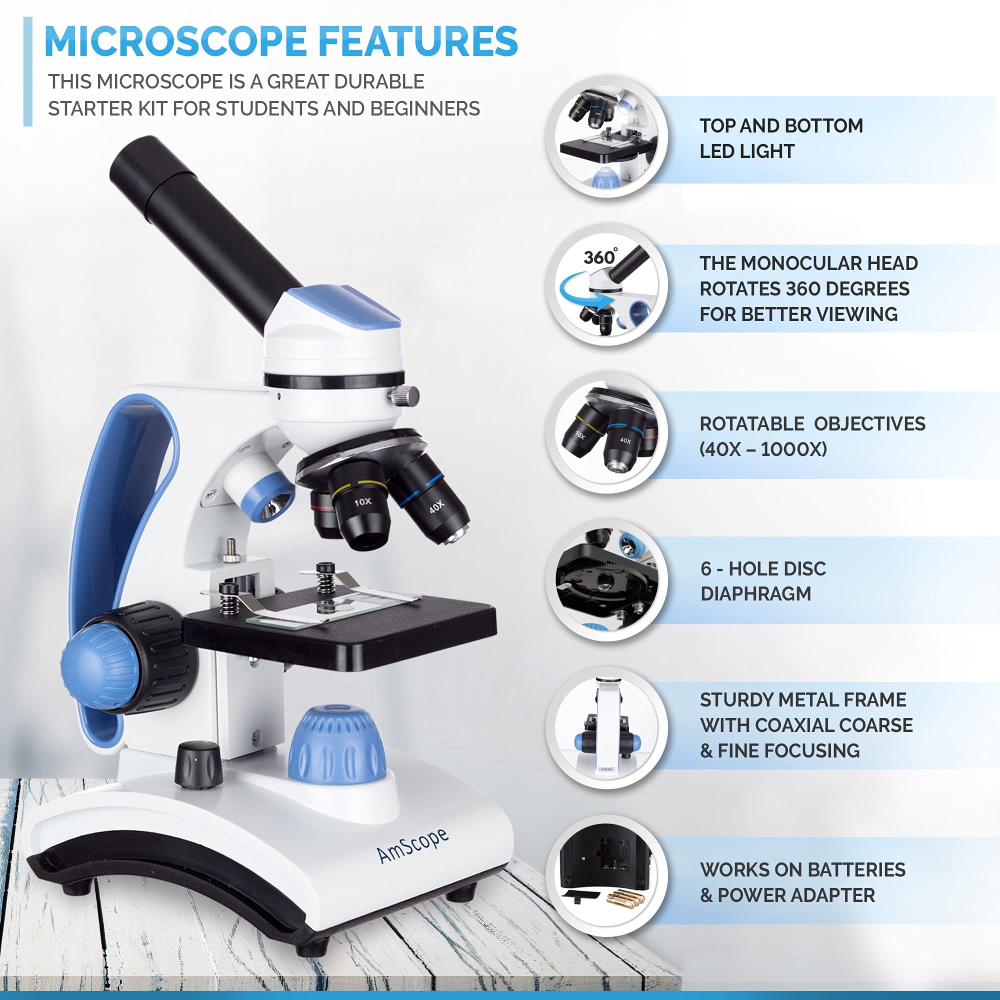 AmScope M162C-2L-PB10-WM"Awarded 2018 Best Students and Kids Microscope Kit" - 40X-1000X Dual Light All Metal Microscope with Slides and Microscope Book, Blue