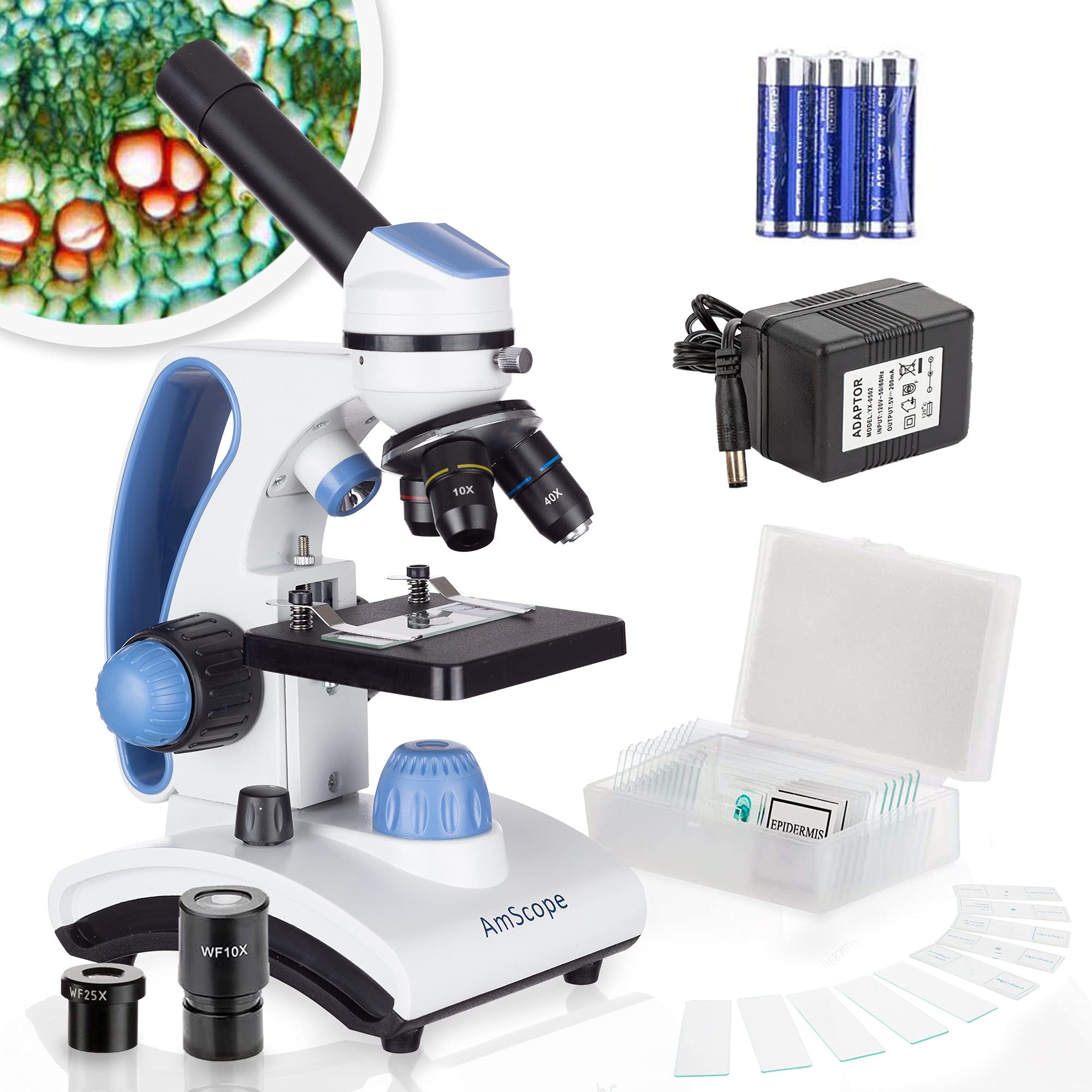 AmScope M162C-2L-PB10-WM"Awarded 2018 Best Students and Kids Microscope Kit" - 40X-1000X Dual Light All Metal Microscope with Slides and Microscope Book, Blue