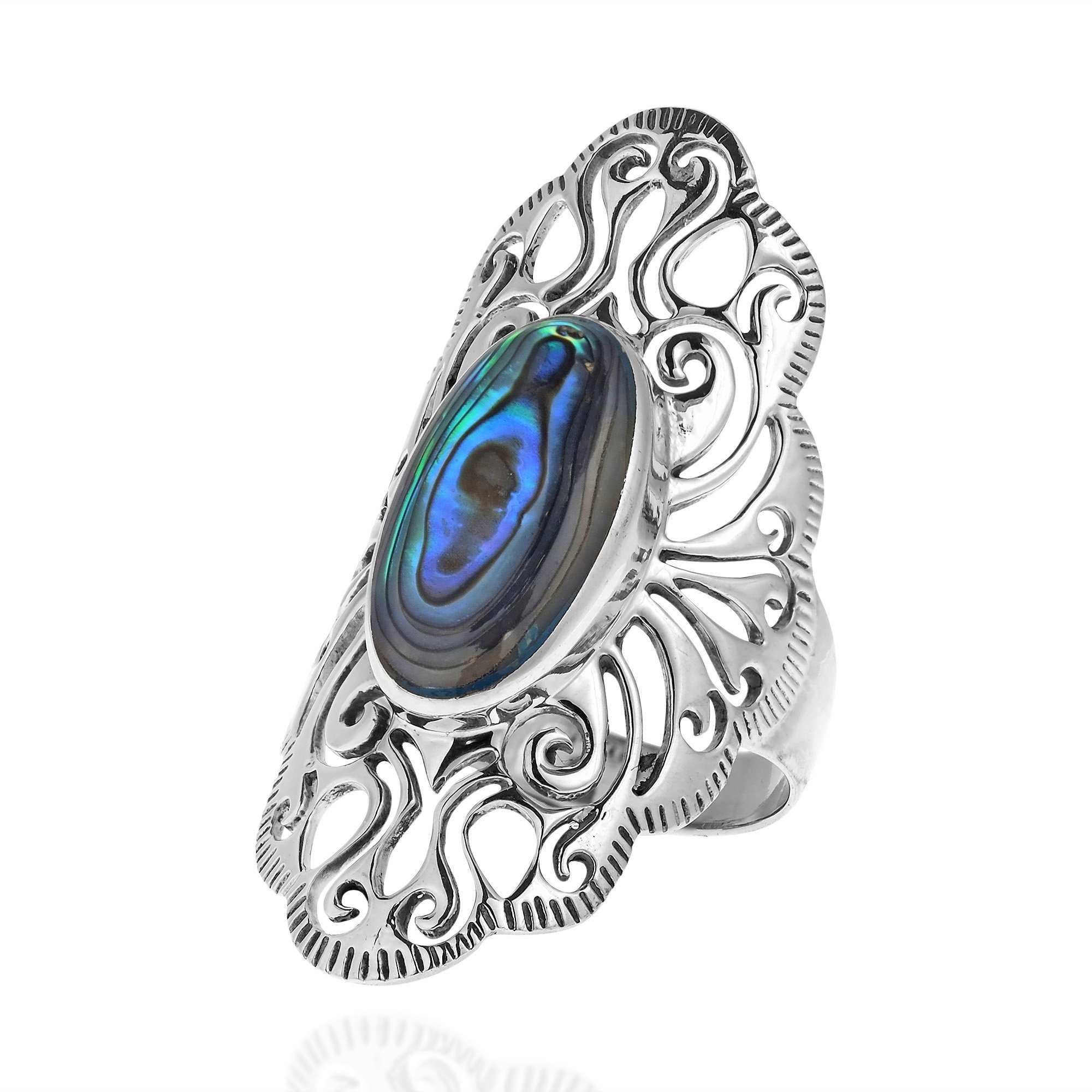 AeraVida Vintage Filigree Swirl Beauty Oval Abalone Shell .925 Sterling Silver Ring | Vintage Delicate Wedding Rings For Women (9)