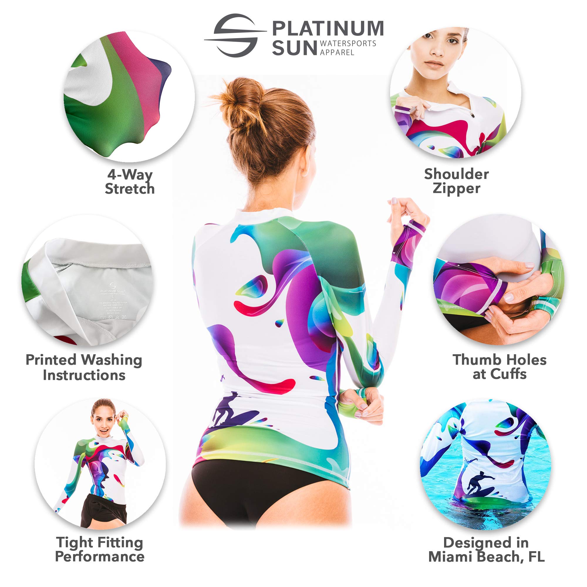 Platinum Sun Rash Guard for Women UPF 50+ SPF & UV Protection Clothing Long Sleeve Top Swim Shirt with Zipper Hiking (Rainbow 50, M)